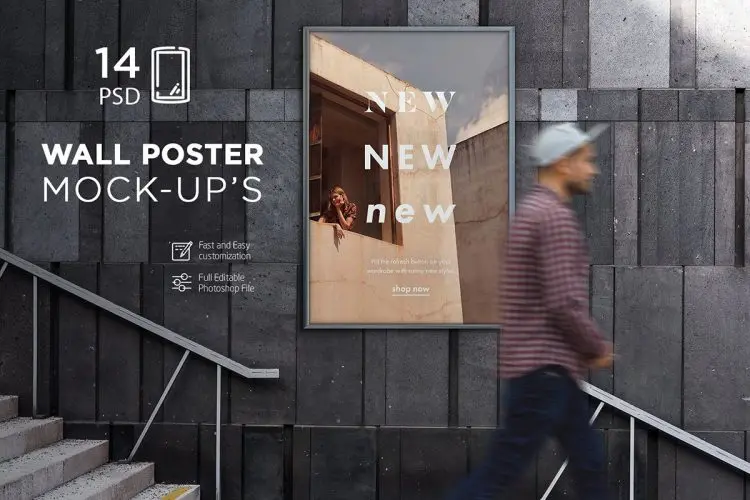 Wall Poster Mockup 14款户外灯箱海报广告招贴设计作品贴图ps样机素材展示效果模板