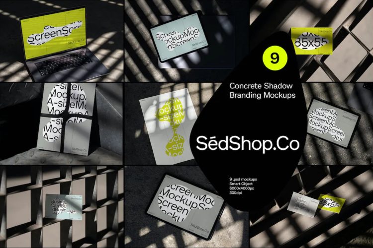 Concrete Shadow Branding Mockups  9款质感光影平板pad名片单页设计作品贴图ps样机素材场景展示效果