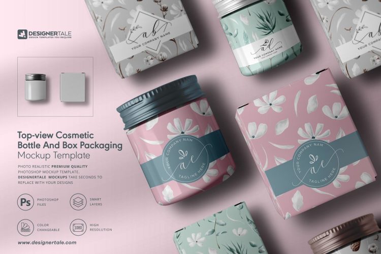 Cosmetic Bottle And Box Mockup  带有标签化妆品瓶&盒子包装设计顶视图效果图样机模板