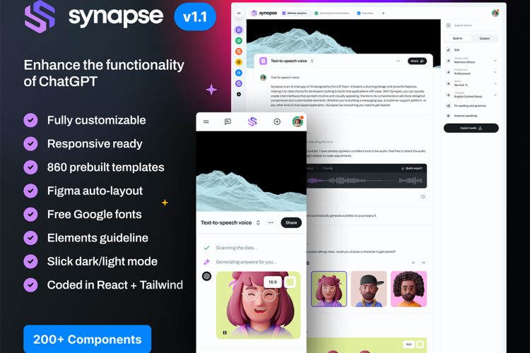 Synapse – AI UI Kit 双配色AI人工智能聊天机器人App应用程序ui套件Fig界面设计模板