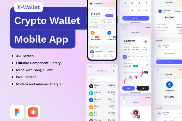 X-Wallet Crypto Wallet Premium UI Kits App  35屏时尚加密货币电子钱包APP应用软件界面设计Figma模板素材