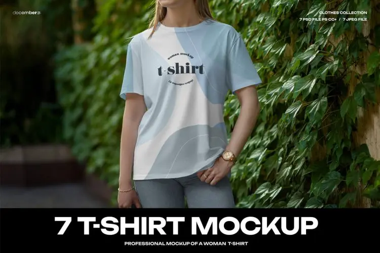 7 Mockups T-Shirt on a Girl Walking  7款走路女模特女式半袖T恤印花图案设计展示效果图PSD样机模板