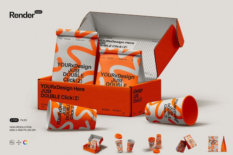 Paper Packaging Mockup Set  6款时尚文创一次性纸杯纸袋下午茶外卖组合包装设计ps样机素材