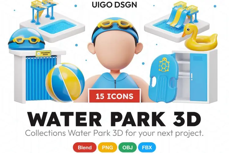 Water Park 3D Icon 15款卡通创意水上乐园游泳装备3D插图图标Icons设计素材包