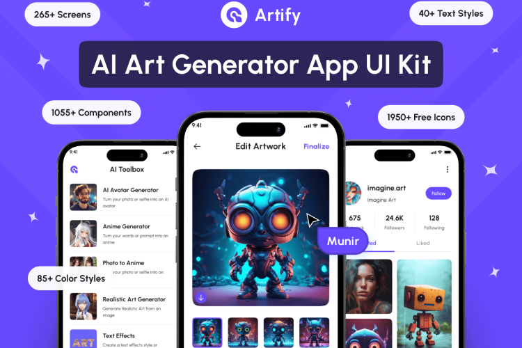 Artify – AI Art Generator App UI Kit  AI人工智能艺术绘画图像编辑生成器App应用界面ui设计套件模板