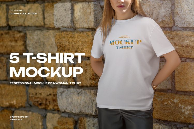 5 Mockups T-Shirt on a Girl in the Outdoor  5款时尚户外女式半袖T恤印花图案设计展示效果图PSD样机模板