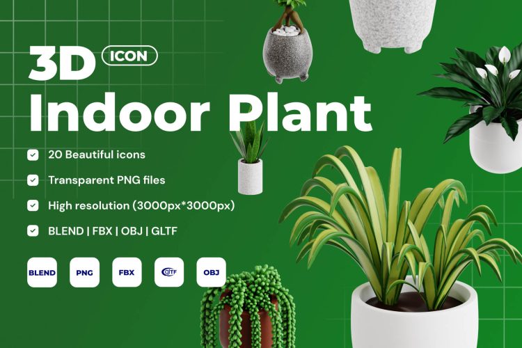 Indoor Plant 3D Icon Set  20款卡通创意室内绿植植物3D插图图标Icons设计素材合集