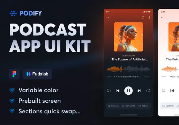 Podify – Podcast App UI Kit 双配色播客音频有声读物音乐内容媒体App应用全套ui界面设计模板