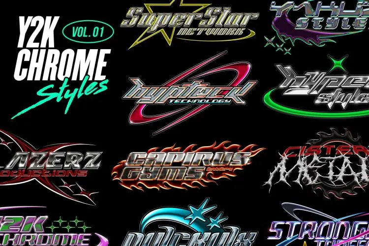 Y2K Chrome Text Effects 10款潮流科幻赛博朋克Y2K镀铬3D金属立体字特效ps样机素材模板
