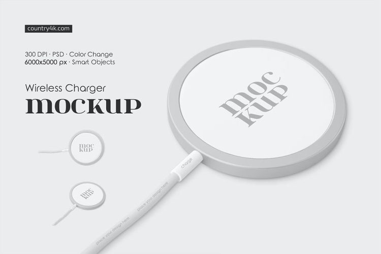 Wireless Charger Mockup Set 圆形无线充电器模型品牌logo设计贴图ps样机素材模板