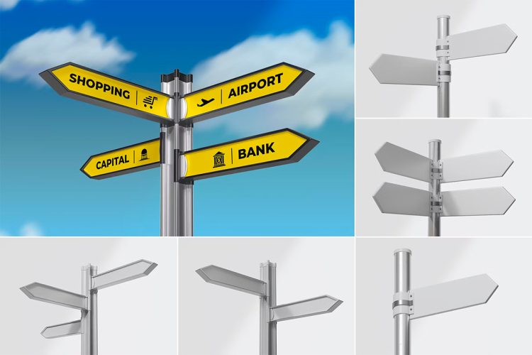 Street Direction Sign Psd Mockups Set  5款街道马路公园方向标志指示牌模型设计贴图ps样机素材模板