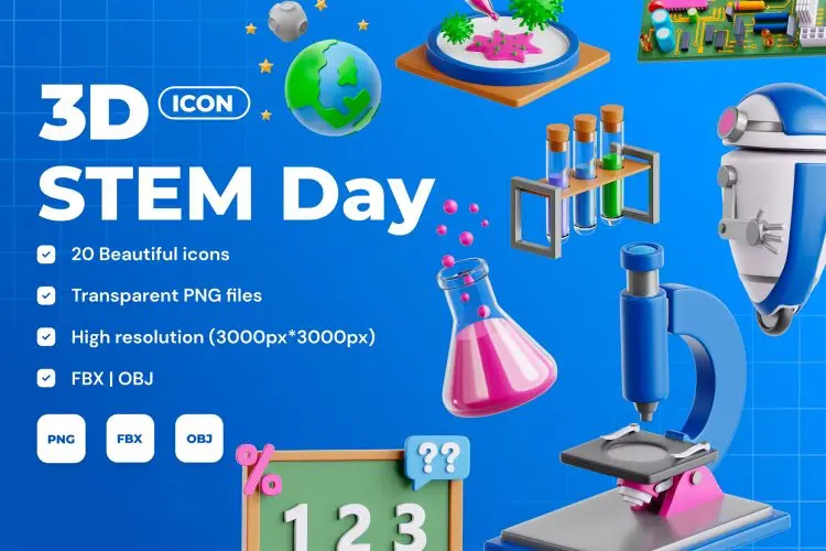 STEM Day – 3D Icon Set  20款科学实验室研究器械化学玻璃器皿3D插图图标icon素材webp免抠图片