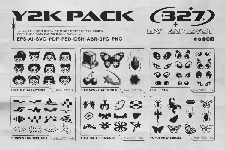 Y2K 327 Characters Halftones Shapes 327款Y2K千禧潮流复古半调抽象艺术几何图形图案符号插画设计素材