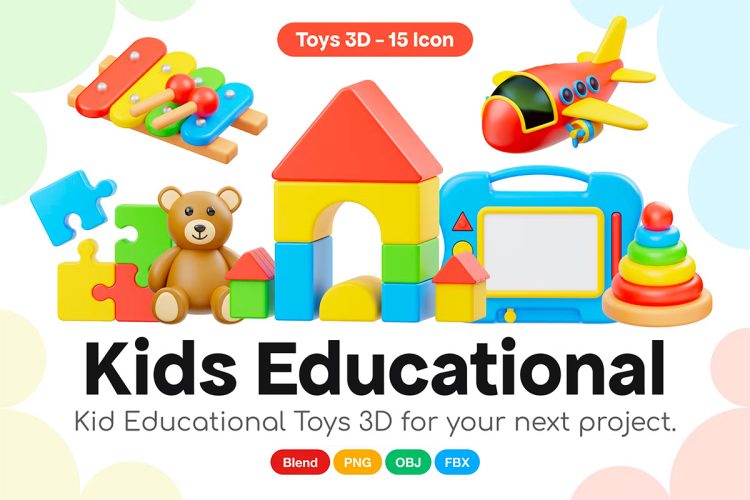 Kid Educational Toys 3D Icon  15款卡通有趣儿童益智玩具积木3D插图图标Icons设计素材包