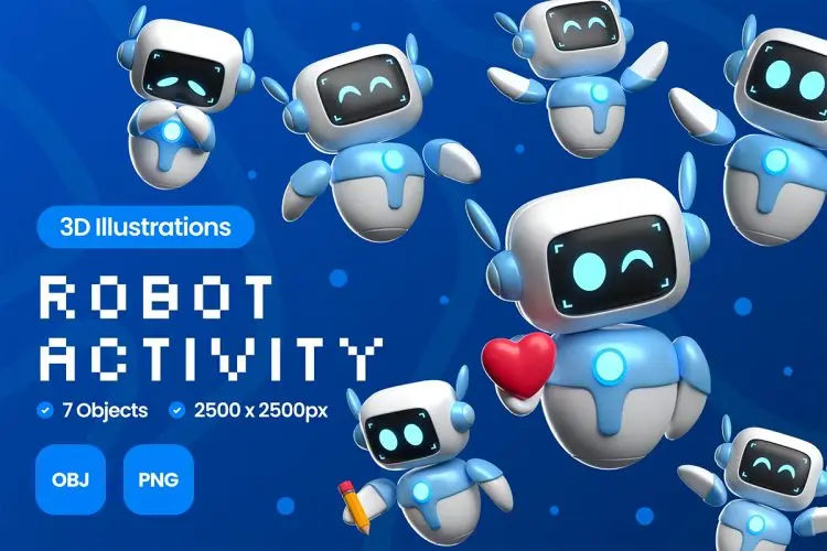 Robot Activity 3D Illustrations  20款30款高级未来科技人工智能AI学习聊天机器人3D图标