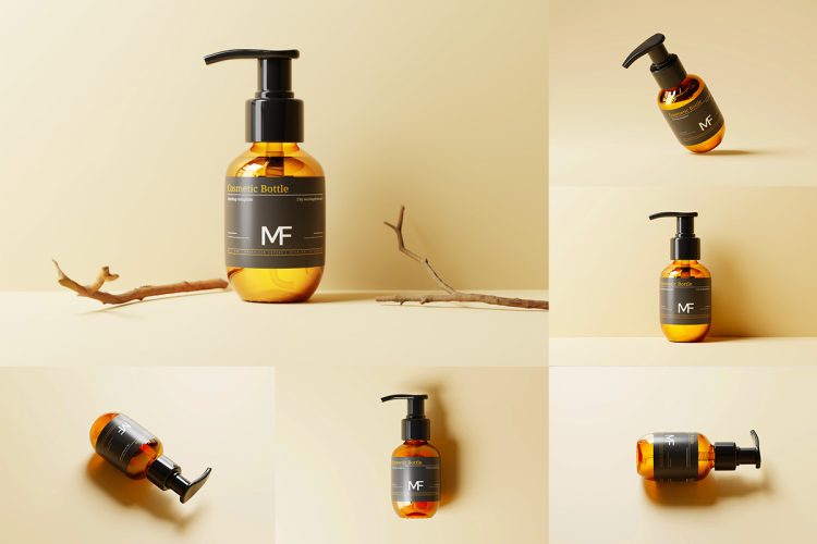 Small Amber Glass Cosmetic Pump Bottle Mockups 小琥珀玻璃化妆品泵瓶按压瓶模型品牌logo设计贴图ps样机素材模板 8psd 免费下载