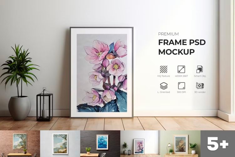 Picture Frame Mockup  10款客厅办公室挂墙装饰挂画相框画芯设计ps样机素材展示效果图