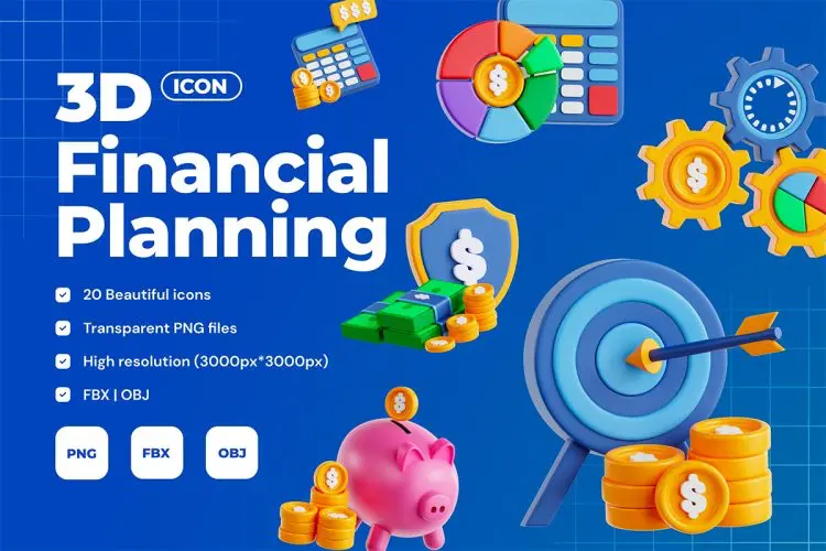 Financial Planning 3D Icon Set  20款3D立体卡通银行金融财务理财投资插图插画webp免抠图片素材