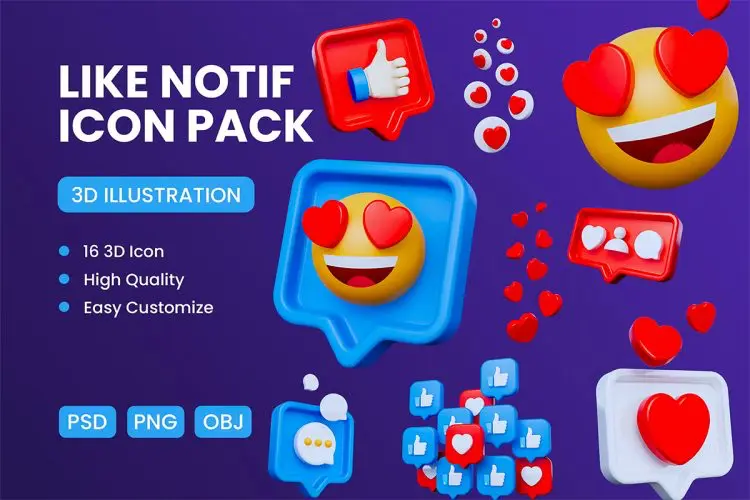 Social Media Like Notification 3D Icon 社交媒体爱心点赞喜欢3D图标icon设计素材webp免抠图片