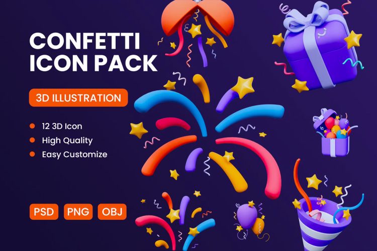 Confetti 3D Icon 节日庆典五彩纸屑礼盒气球3D图标icon设计素材png免抠图片