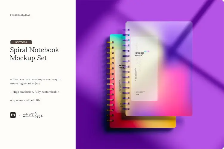 Spiral Notebook Mockup Set  17款螺旋线圈笔记本记事簿文具本子封面设计ps样机素材展示效果图