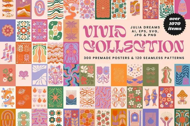 1070+ Vivid Posters Patterns Bundle  70年代复古潮流酸性迷幻抽象艺术海报图案背景插画ai矢量设计素材