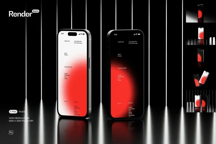 iPhone 14 Pro Mockup Set  6款时尚工业黑化风苹果手机iPhone 14 Pro屏幕作品集展示贴图PSD样机模板