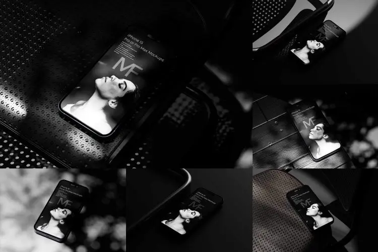 iPhone 15 Dark Moody Mockups  10款工业黑化风苹果手机iPhone 15UI界面设计作品集展示贴图PSD样机模板免费下载