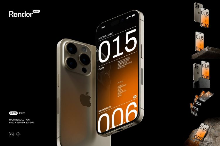 iPhone 15 Pro Mockup Set   6款工业黑化风苹果手机iPhone 15 Pro屏幕APP界面UI作品集设计展示贴图PSD样机合集