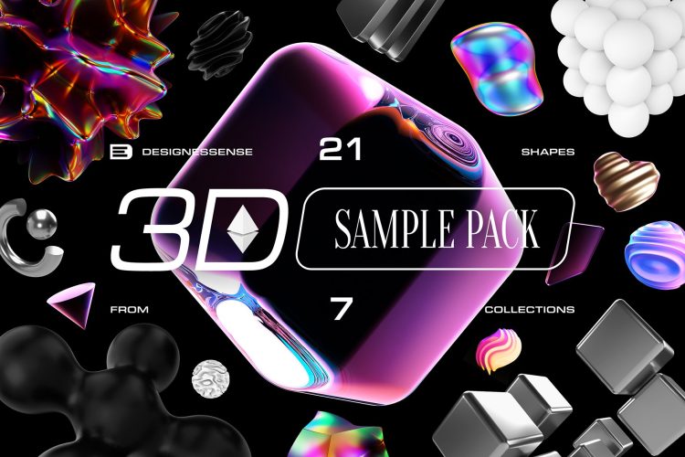 3D SAMPLE PACK  21款潮流科幻3D抽象全息金属水晶艺术几何图形png免抠图片素材