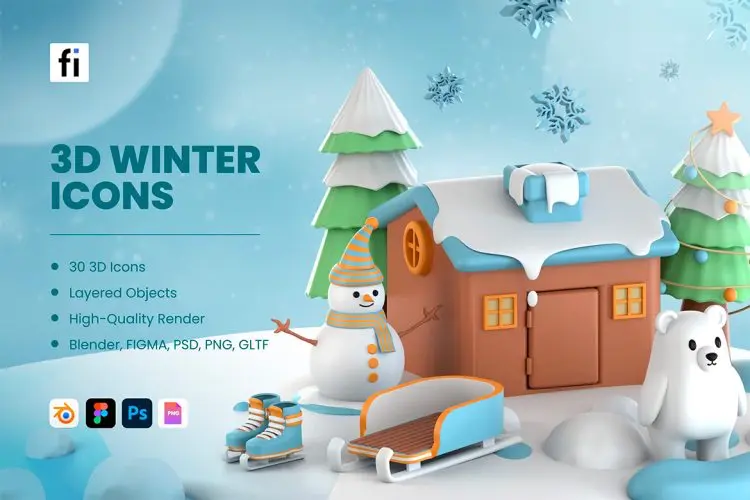 3D Winter Icons  30款3D卡通冬季新年圣诞节雪人麋鹿时尚插图插画webp免抠图片素材