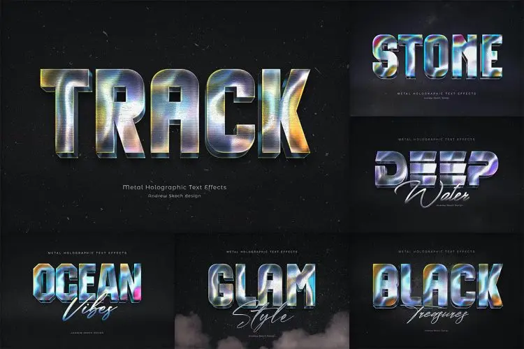 Holographic Text Effects  6款炫酷全息彩虹光泽渐变纹理金属字母文本ps特效样机素材模板