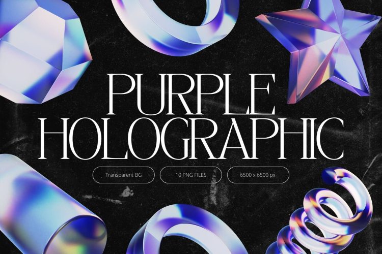 3D Purple Holographic Shapes  10款时尚3D立体紫水晶矿石玻璃全息抽象几何图形png免抠图片素材