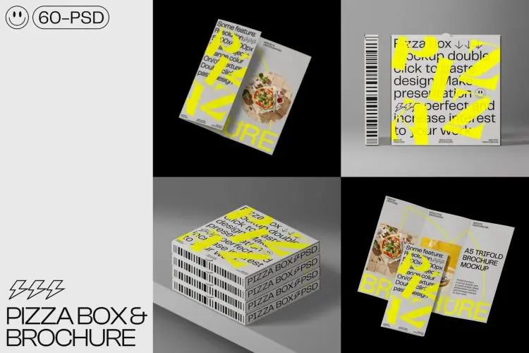 Pizza box & Brochure mockups  60款披萨外卖纸盒三折页传单匹萨比萨包装设计作品贴图ps样机素材