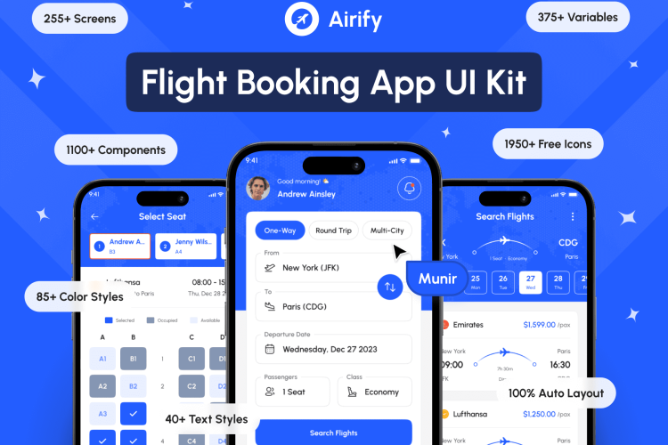 Airify – Flight Booking App UI Kit  255+屏高质量航班机票车票在线购买预定APP软件界面设计Figma模板套件