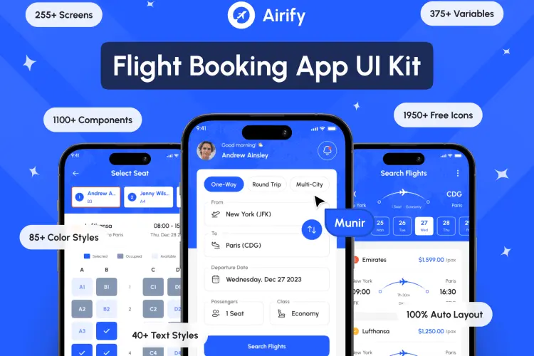 Airify – Flight Booking App UI Kit 255+屏高质量航班机票车票在线购买预定APP软件界面设计Figma模板套件
