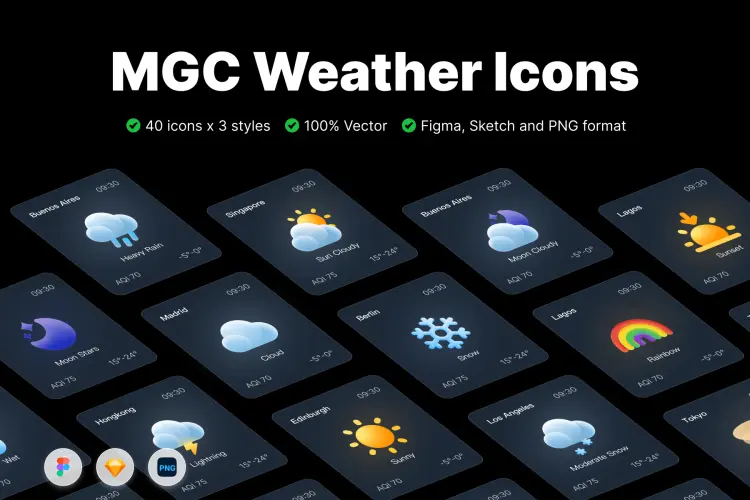 MGC Weather Icons Pack v1.2  40款高品质天气预报3D插图插画图标Icons设计素材包