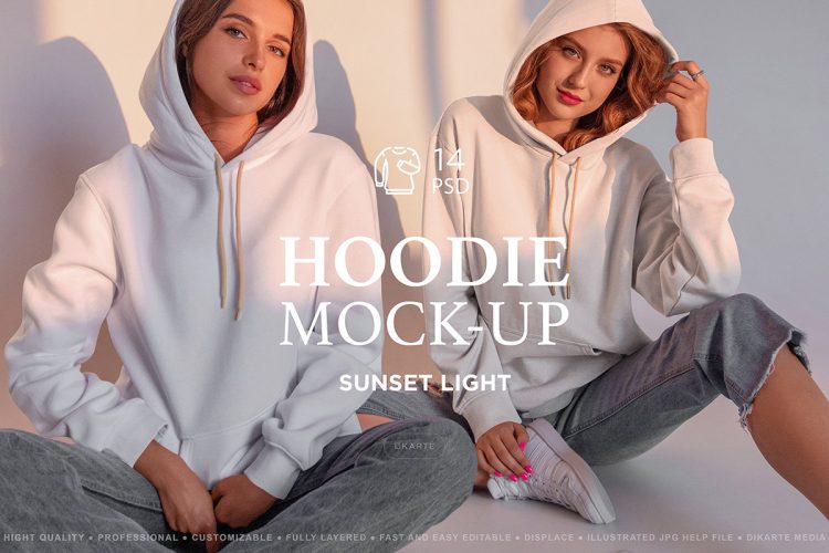 Hoodie MockUp’s Sunset Lights  14款网红女模特上衣连帽卫衣服装图案设计贴图ps样机素材展示模板