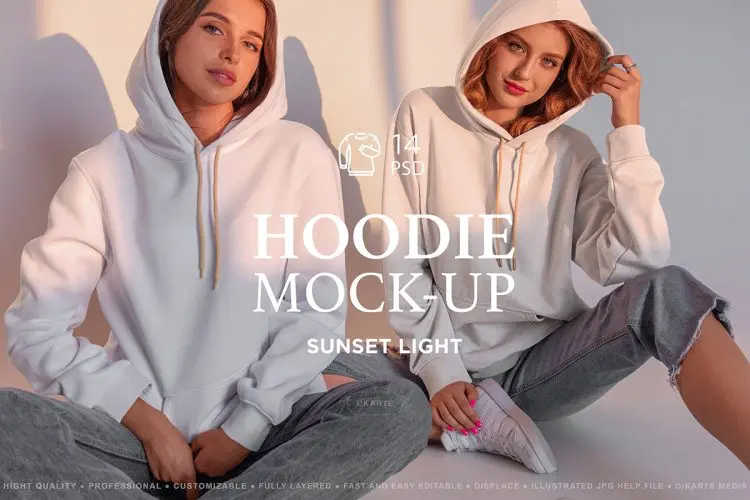 Hoodie MockUp’s Sunset Lights  14款网红女模特上衣连帽卫衣服装图案设计贴图ps样机素材展示模板