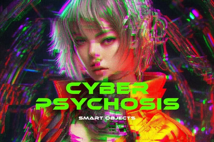 Cyber Psychosis Photo Effect 潮流科幻赛博朋克LED屏幕失真错位故障风图像照片特效ps样机模板