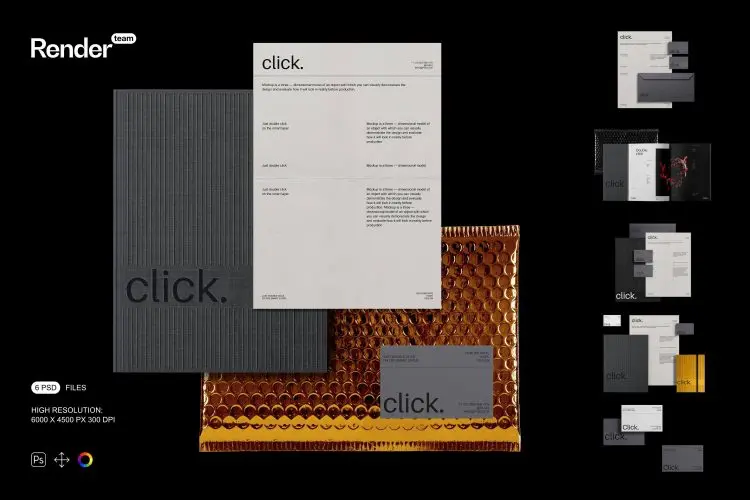 Brand Identity Mockup Set  6款时尚品牌标识VI设计办公用品信纸名片信封展示贴图PSD样机模板