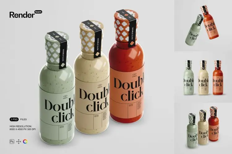 Sauce Bottle Mockup Set  3款色拉酱调味料玻璃瓶产品包装设计贴图ps样机素材展示效果图