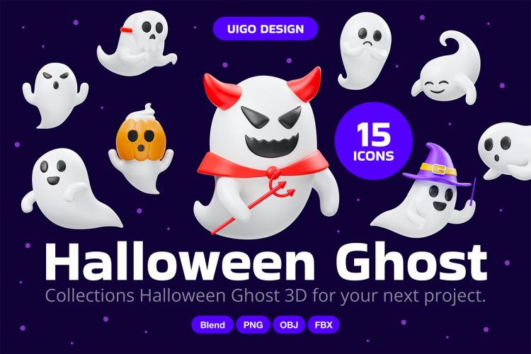 Cute Halloween Ghost 3D Icon 趣味卡通可爱的万圣节幽灵3D图标icon插图插画设计素材