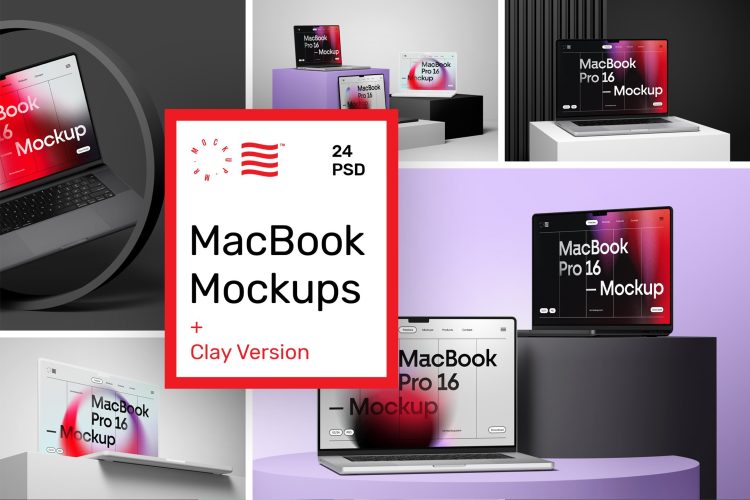 MacBook Pro 16 Mockups + Clay Style  24款Macbook苹果笔记本电脑广告ui网页设计作品贴图ps样机素材