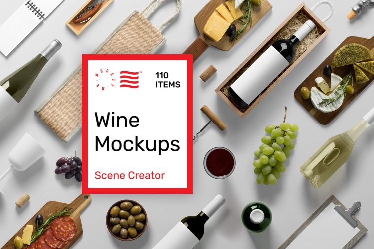 Wine Mockups – Scene Creator 高级香槟红酒葡萄酒品牌VI酒瓶包装设计展示贴图PSD样机模板