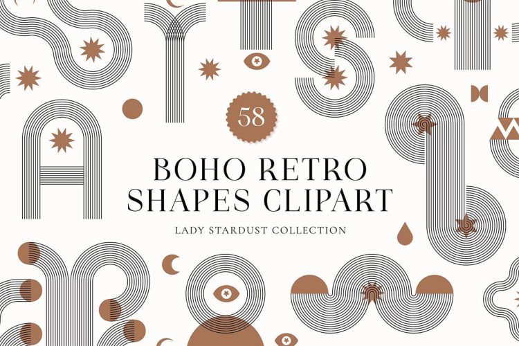 Boho Retro Geometric Shapes Lady Stardust Set  58种波西米亚风抽象线条艺术复古几何图形女士星尘套装矢量设计素材