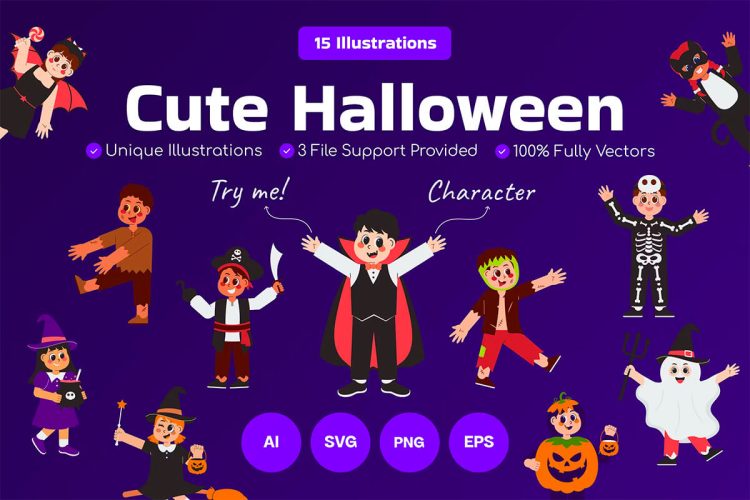 Cute Kids Halloween Costume Illustration 可爱卡通孩子万圣节服装插画插图矢量设计素材