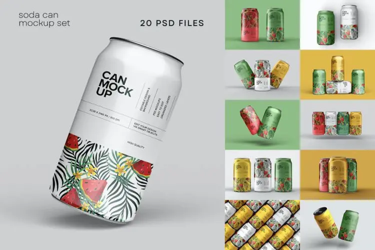 Soda Can Mockup Set  20款金属汽水罐易拉罐模型罐身logo标识设计贴图展示ps包装样机素材