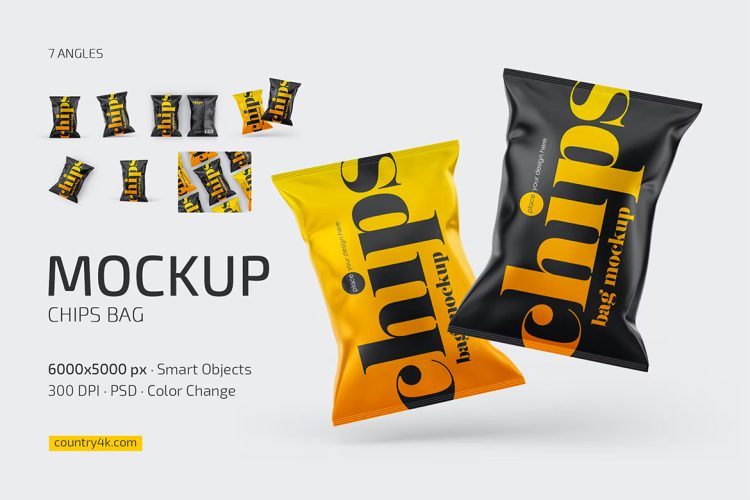 Chips Bag Mockup Set  7款薯片零食包装袋模型品牌logo设计贴图ps样机素材模板