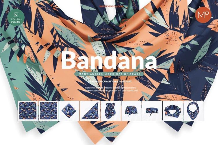 9x Bandana Scarf Mock-ups Set  9款小方巾手帕围巾面料丝巾印花纹样贴图ps样机素材展示效果模板